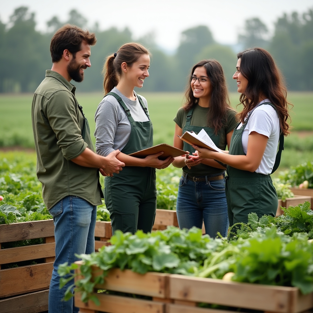 Grupo de jóvenes agricultores conversando junto a cajas de hortalizas en el campo